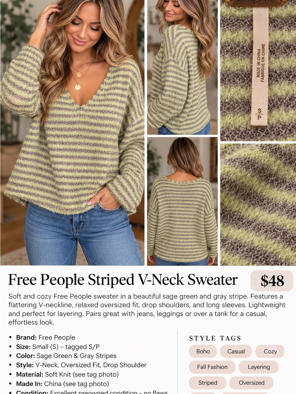 Free People Sage Green & Gray Striped V-Neck Pullover size Small